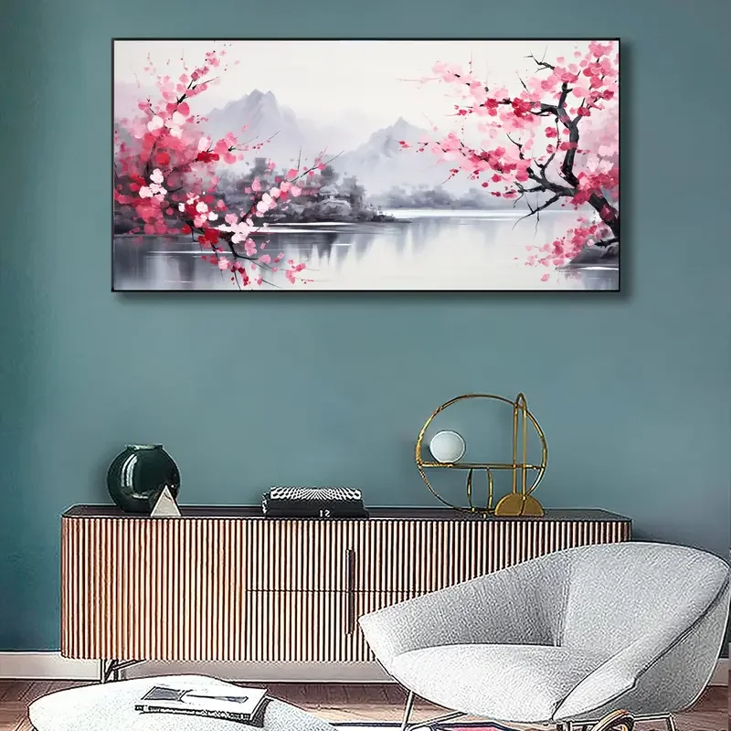 1pc Frameless Canvas Wall Art - Traditional Oriental Scenery Chinese Ink Plum Blossom Mountain Lake Landscape Print Poster