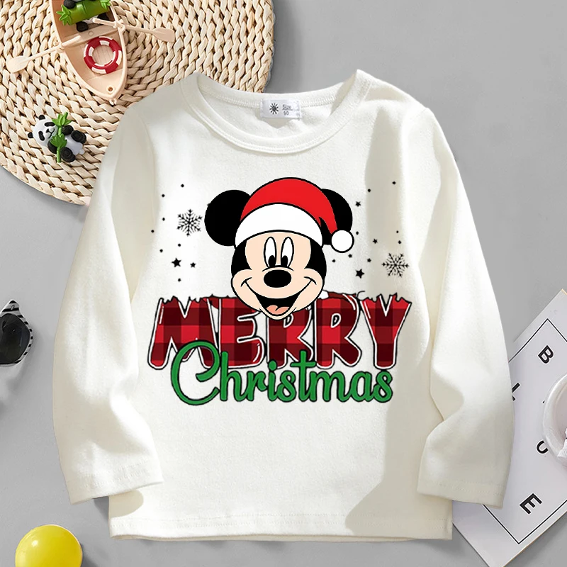 Mickey Mouse Christmas Kids Long Sleeved T-shirt Disney Anime Cartoon Top Boys Girls Xmas Undershirts New Year Children Clothes