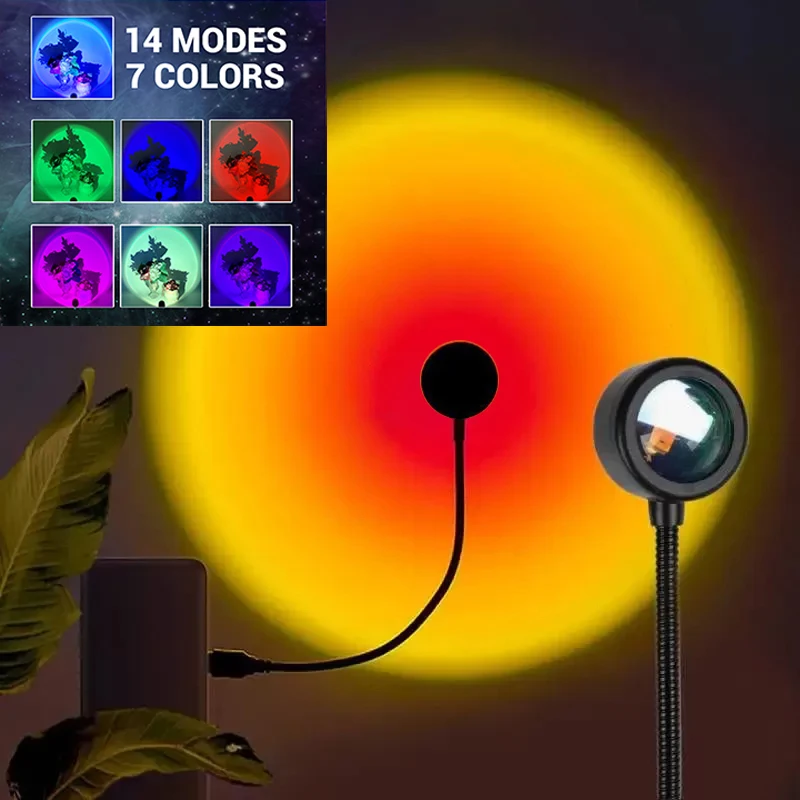 LED USB Sunset Lamp RGB Projector Night Light 14 Modes Switch Rainbow Atmosphere Home Bedroom Background Wall Decoration Gift