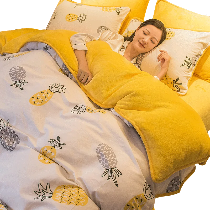 1 Pc Winter Yellow Pineapple Duvet Cover/ Quilt Cover/Comforter Cover A Side Cotton B Side Fleece Fabric Bedding Quilt