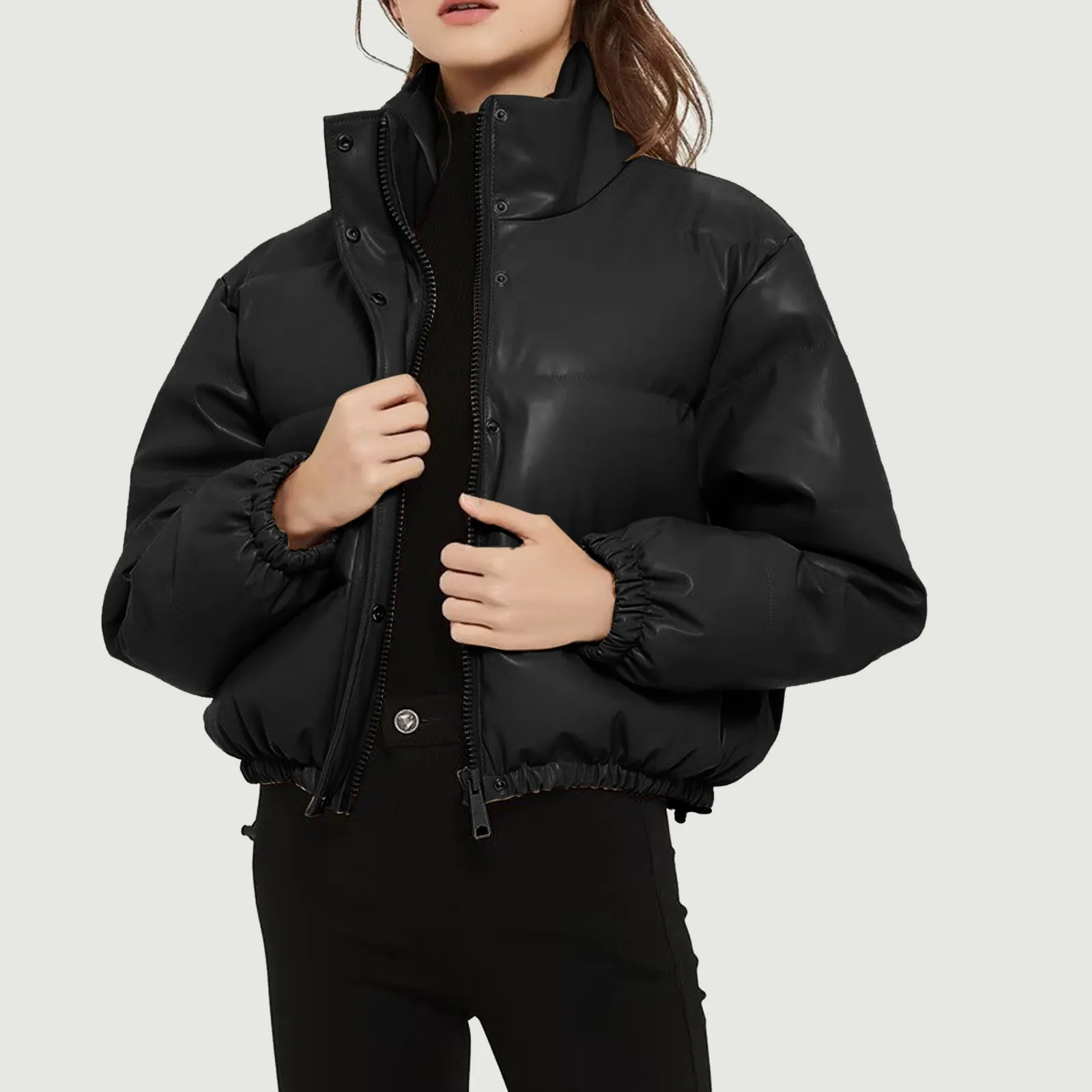 Abrigos gruesos de cuero Pu para mujer, Parkas acolchadas de algodón a la moda, chaqueta elegante con cuello alto y cremallera, invierno, 4