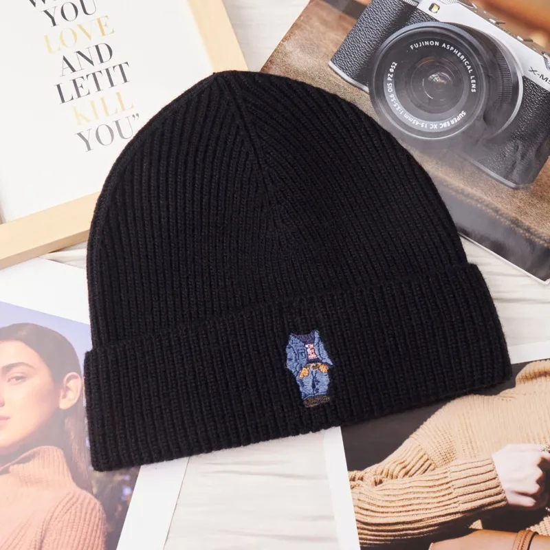 ​​Chic Single Roll Brim Beanie 2025 for Men Women Embroidered Bear Design Warm Acrylic Wool Blend Hat Unisex Gift Free Ship