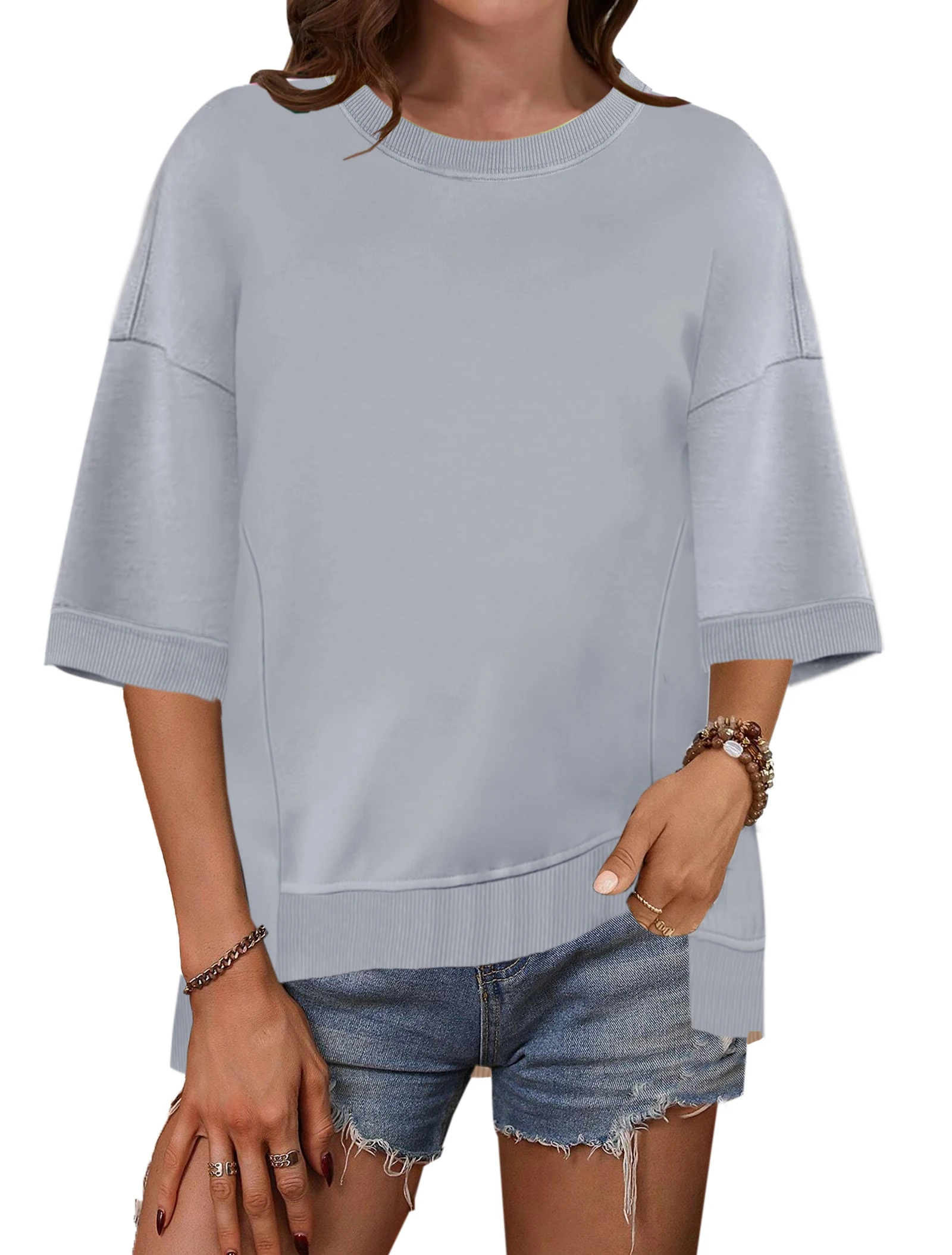

2025 Summer Women's Oversized Casual Sweatshirt Solid Color Round Neck Half-sleeved Basic T-shirt