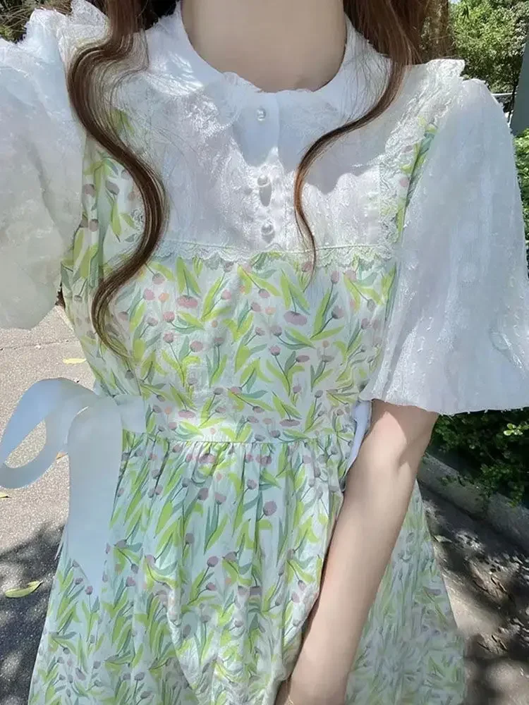 

Patchwork Lace France Vintage Dress Women Floral Kawaii Sweet Knee-length Dress Female Puff Sleeve Pretty Korean Fashion Dress