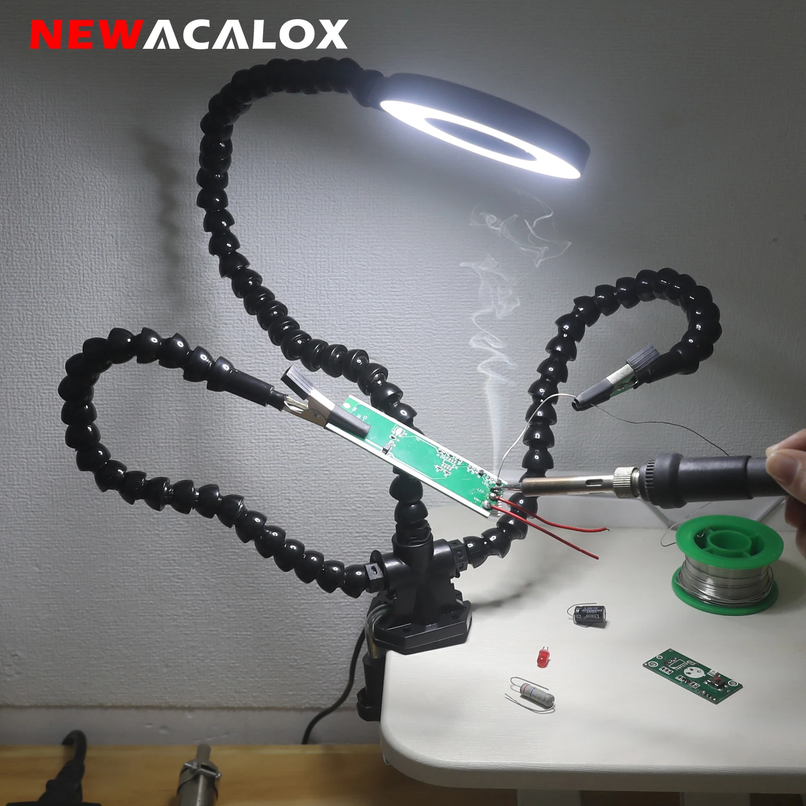 NEWACALOX uchwyt na lutownicę klips do PCB z USB 3X lupa LED lutownica elastyczne ramię trzecie narzędzie do naprawy spawania