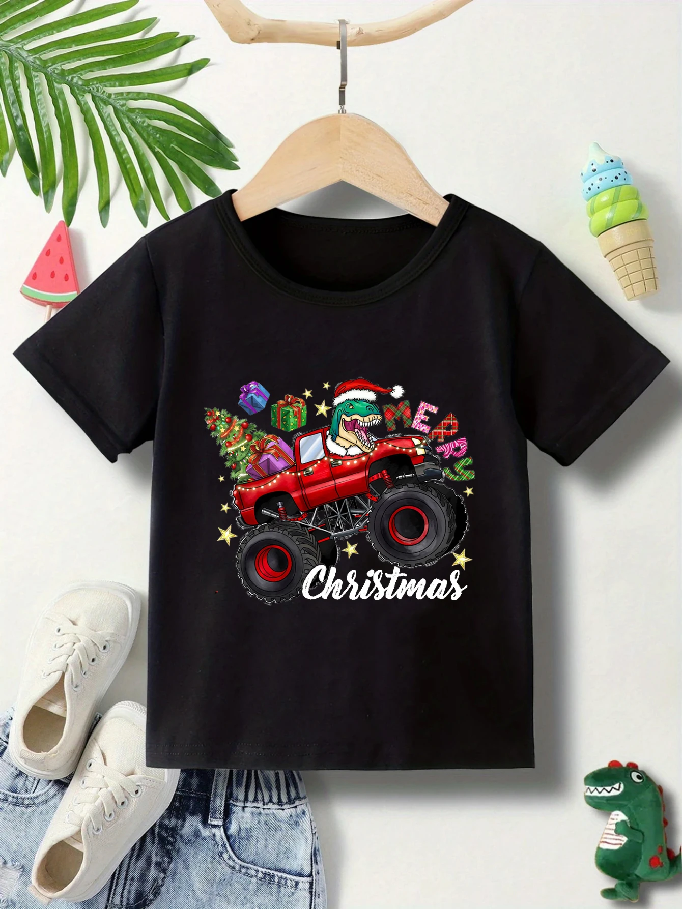 عيد ميلاد سعيد شجرة التي شيرت عيد الميلاد Tyrannosaurus ريكس سيارة قميص مطبوع الأولاد موضة عيد الميلاد ملابس تنكرية للحفلات ملابس السنة الجديدة