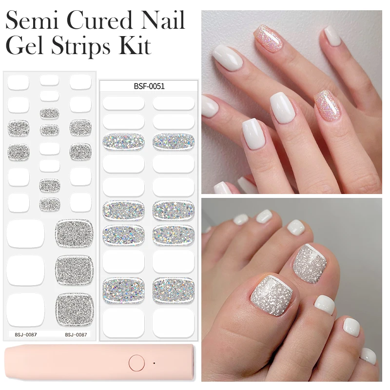 Semi Cured Gel Nail Strips Kit With Nail Lamp LED 2 In 1 White Black Foot Nail Patch Sliders UV Lamp Needed Full Cover Stciker