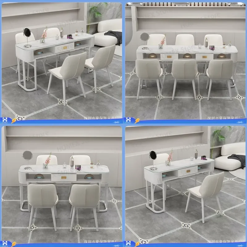 Nail Art Table and Chair Set Double Glass Top Manicure Station Desk Professional Beauty Salon Furniture Workbench with Stool