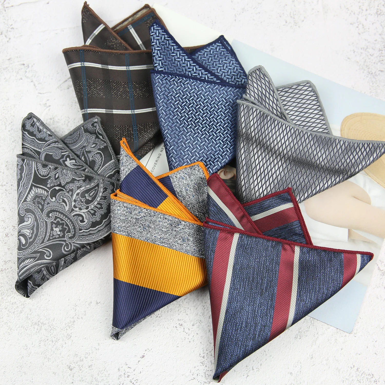 

23cm Fashion Polyester Men's Pocket Square Striped Paisley Grey Handkerchief Formal Suit Cravat Pocket Chest Scarf Shirt Hanky