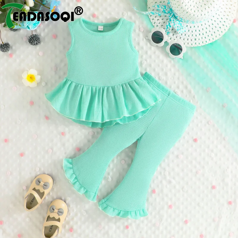 6M-3Y Children Clothes Set For Kids Newborn Baby Girls Sleeveless Vest Swing Down Ruffle Tops+Bell-bottomed Pants Summer Outfit