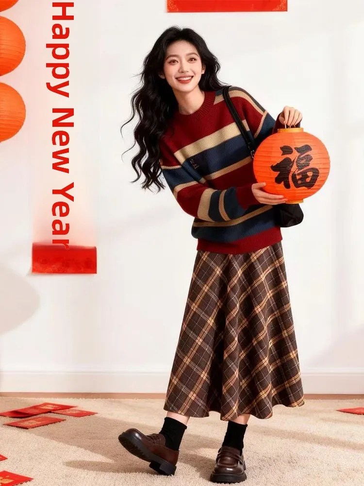 

Retro Spring Set Women's Korean Sle Color Blo Striped Sweater High Waist Slimming Plaid Skirt Two Piece Ensemble