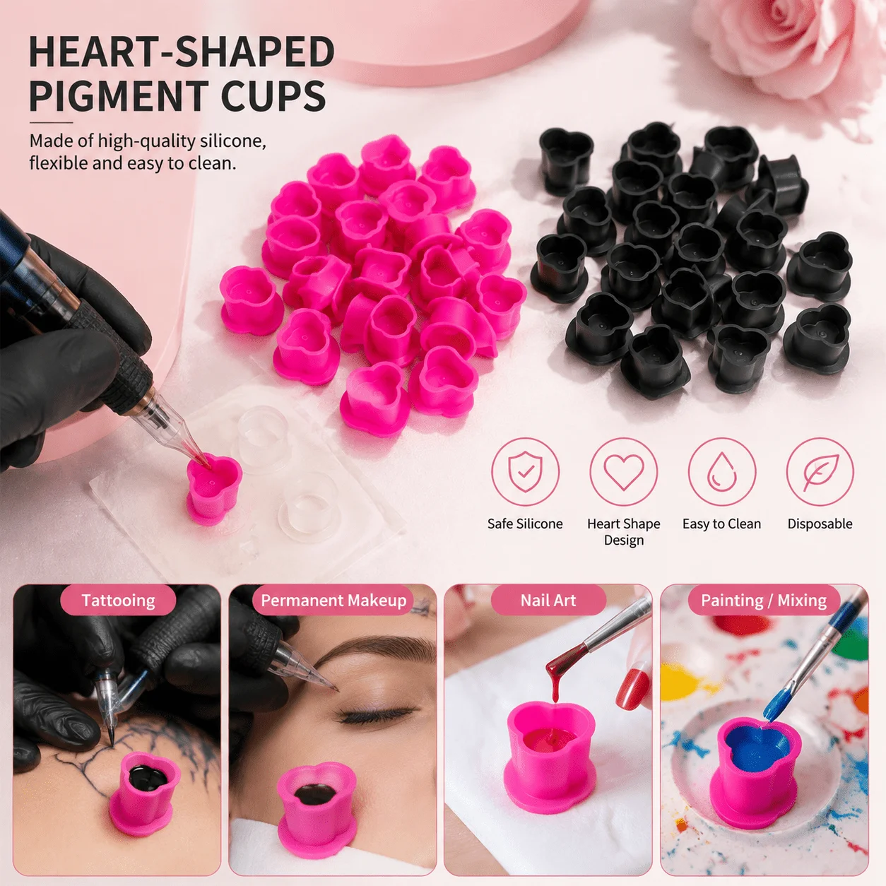 Tattoo Ink Set 54pcs 4 Colors 5ml Each with 50 Heart Shaped Cups Saturated Even for Beginners Practice Tattoo Supplies