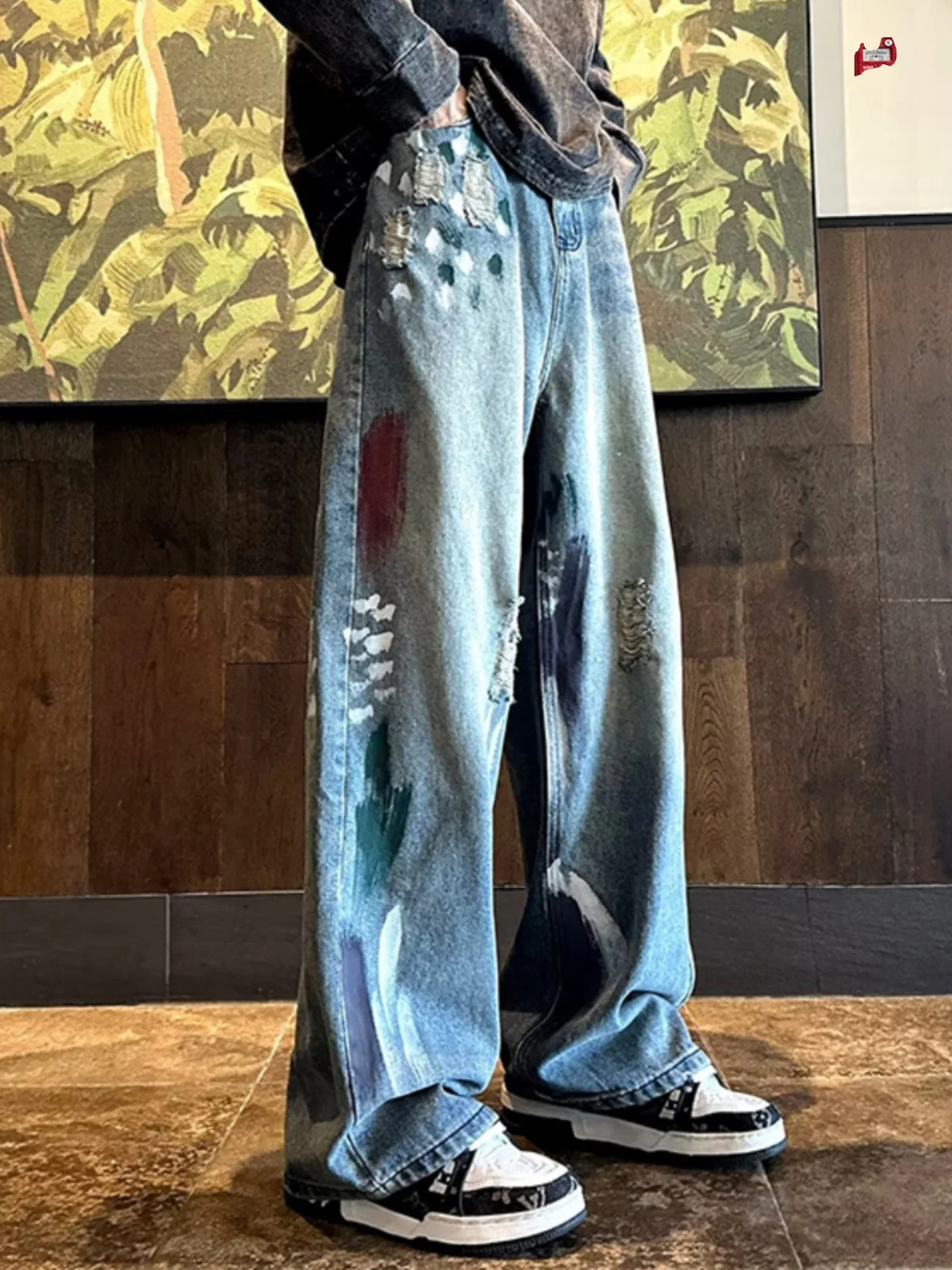 

Extra Large 300 Pou Men's Jeans High Waist Straight Leg Blue Waed out Casual Long Trousers Trendy And Haome