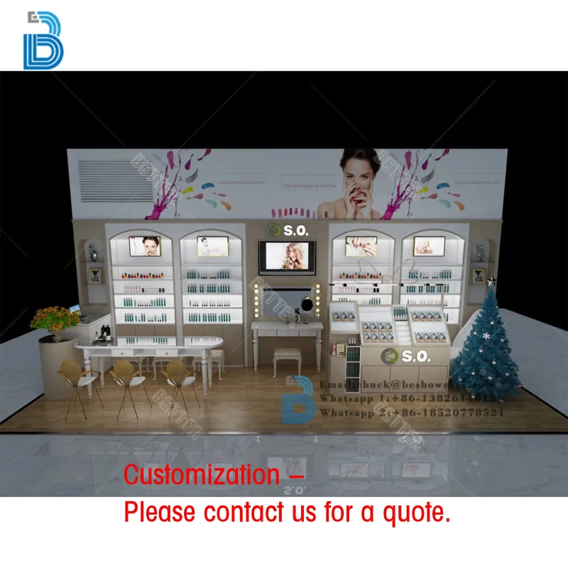 

custom.Modern Custom Wooden Cosmetic Display Stand with LED Light Kiosk Makeup in Mall