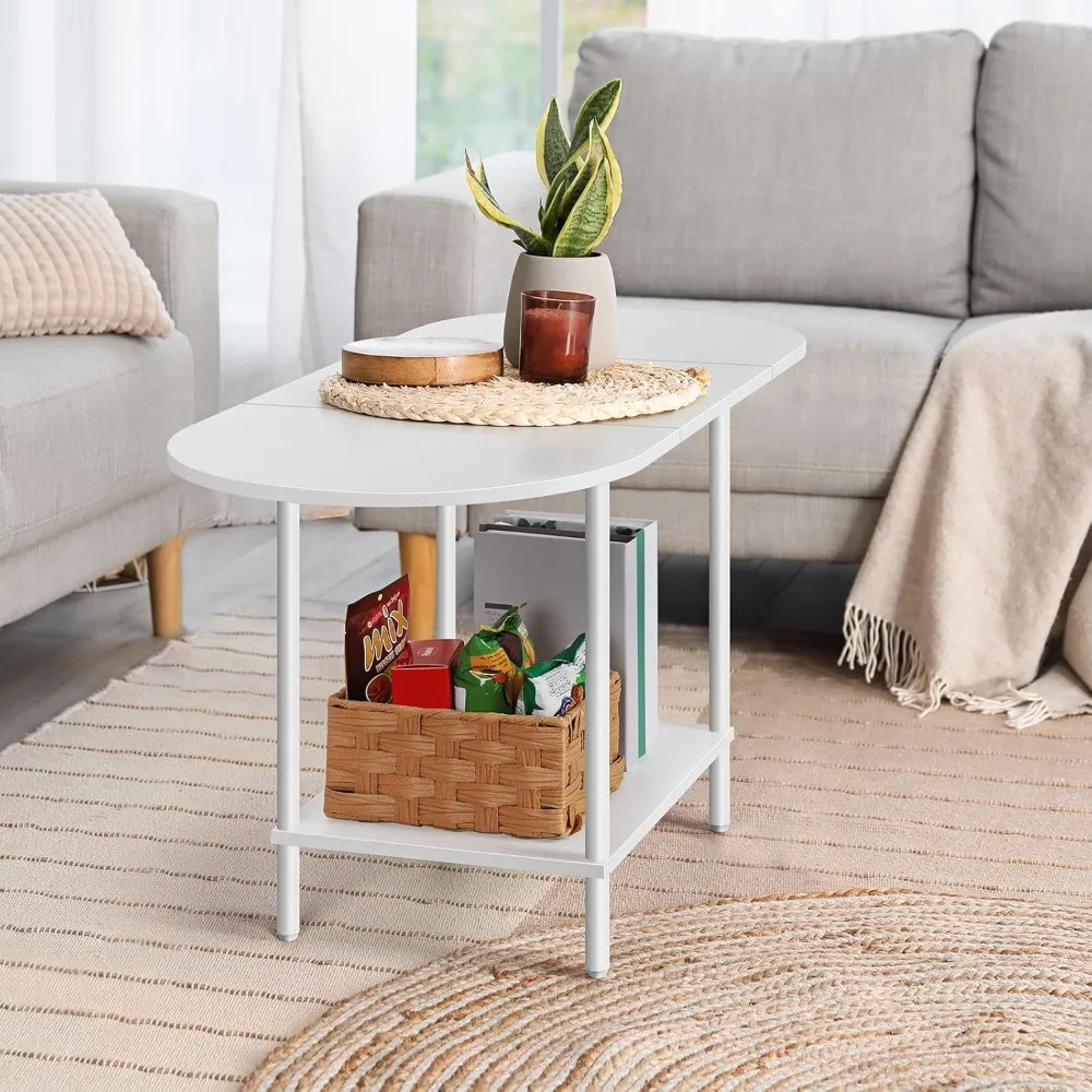 Small Oval Coffee Tables,Modern Low Tea  Table for Small Space,2-Tier Mid Century Center Side Table with Open Shelving,White