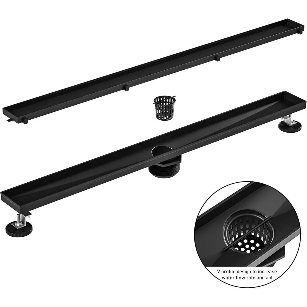 32 매트 블랙 선형 샤워 배수구로 욕실을 업그레이드하세요 - 빠른 물 흐름, 타일 친화적, 스테인리스 스틸, 머리카락 거름망 I