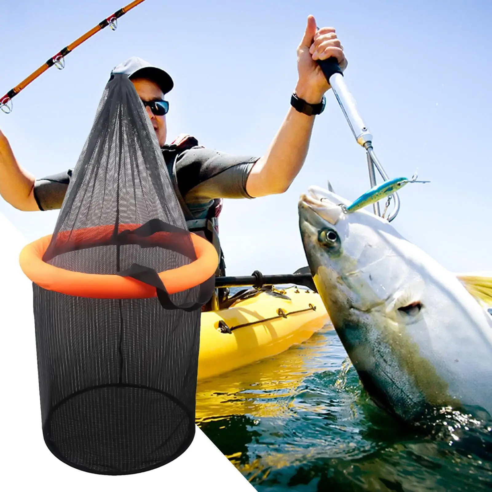 

Floating Fish Basket Foldable Live Lure Net Cage Portable Mesh Basket with Drawstring for Crayfish Catfish Saltwater Freshwater