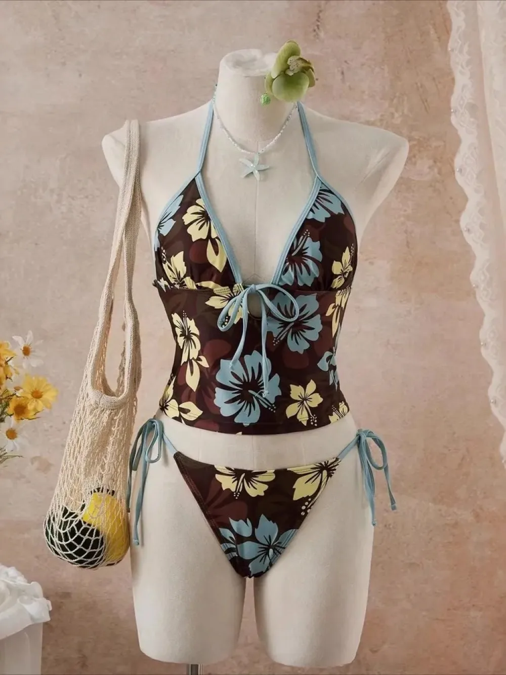 Women Halter Neck Bikini Set Two Piece Swimsuit Tie Side Design Summer Beach Vacation Seaside Resort Outfit Daily