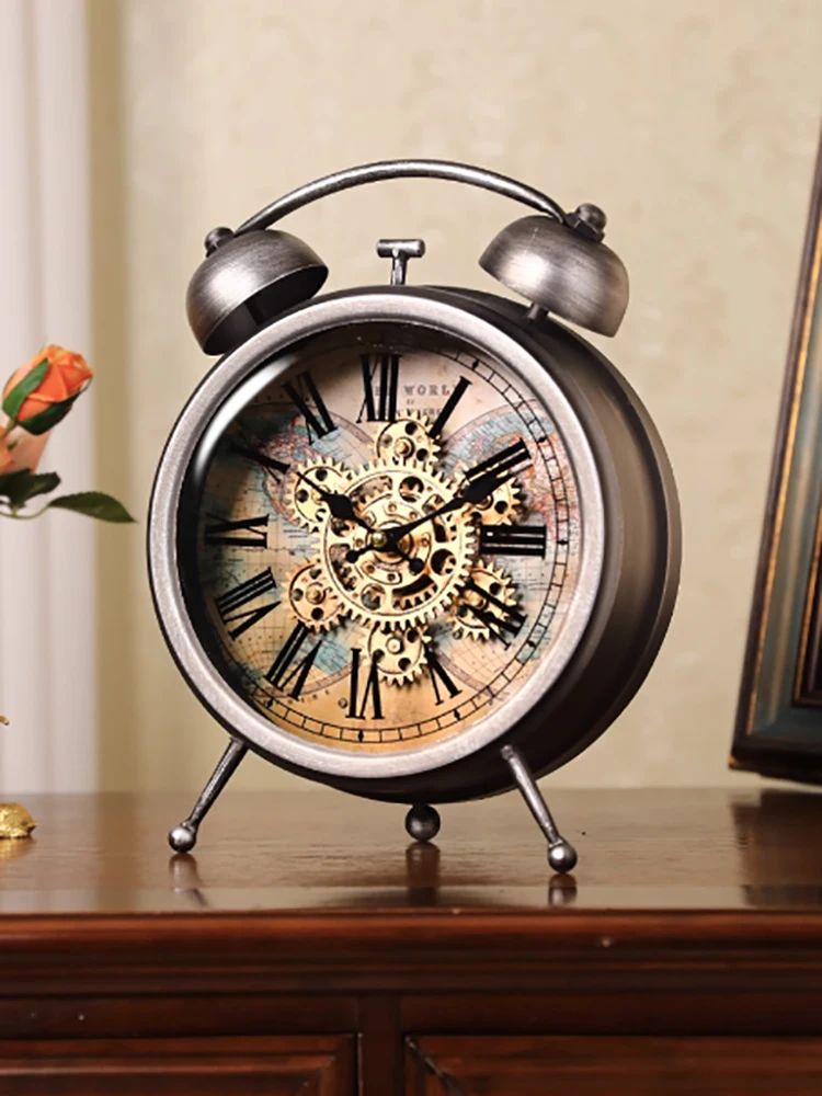 Reloj Retro Gear Mechanical Clock Desk Clock Living Room Study Room Office American Pointer Table Desktop Decor Alarm Clock