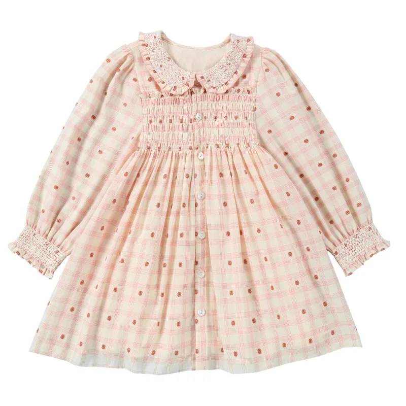 فستان Ins Kids Boutique للفتيات باللون الوردي الفرنسي الحلو من القطن الممشط بياقة الدمية الحلوة للأطفال ملابس الفتيات على شكل زهرة للتدخين