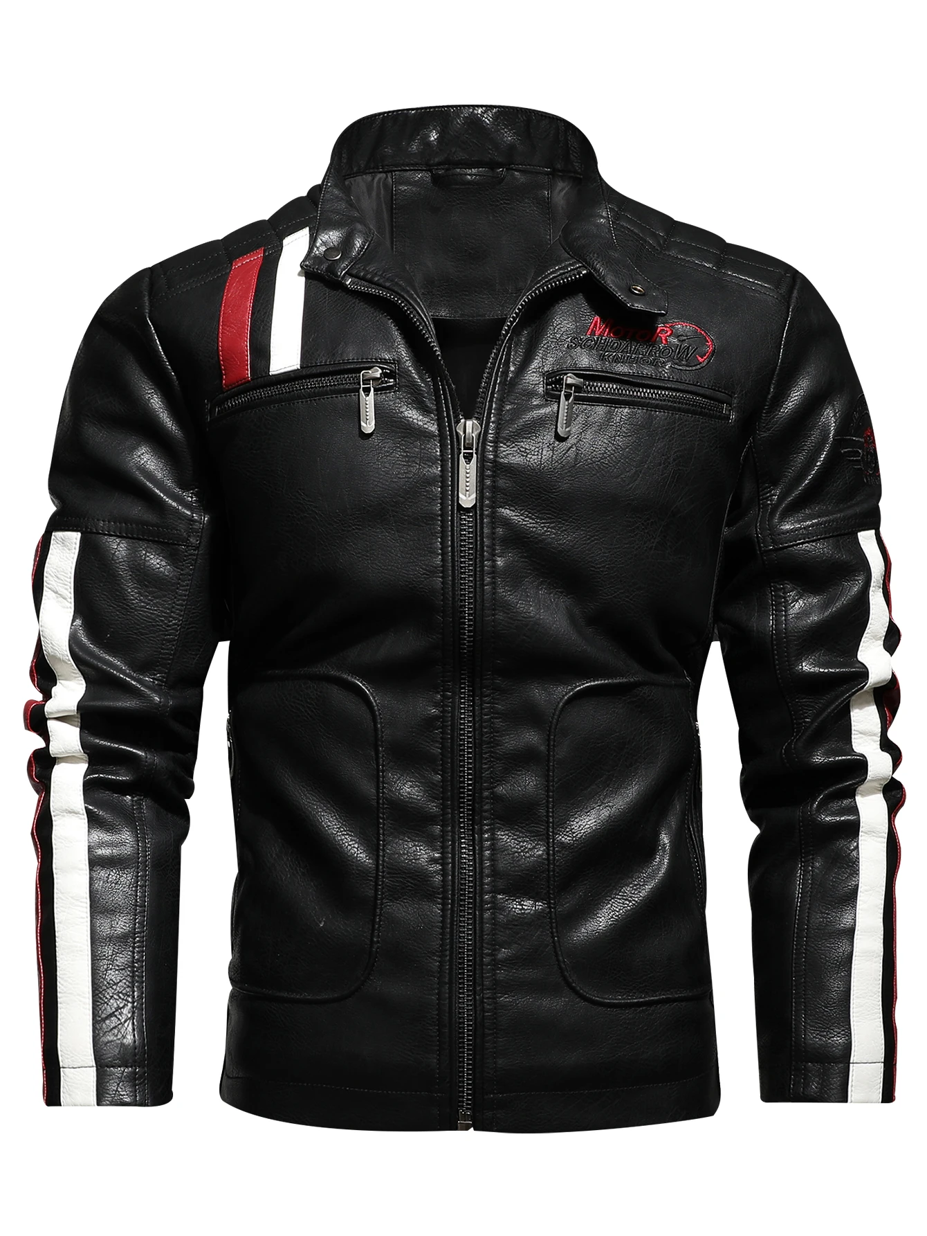 Men's PU Leather Motorcycle Racing Suit Color Embroidered Jacket with Cotton Inner for Racing