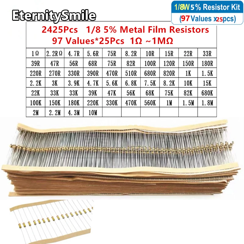 2425Pcs/Pack 97 Values *25 1/8W 5% Metal Film Resistors Kit 1Ohm-680OR-1k-680k-3M High Precision Resistance Set Assortment