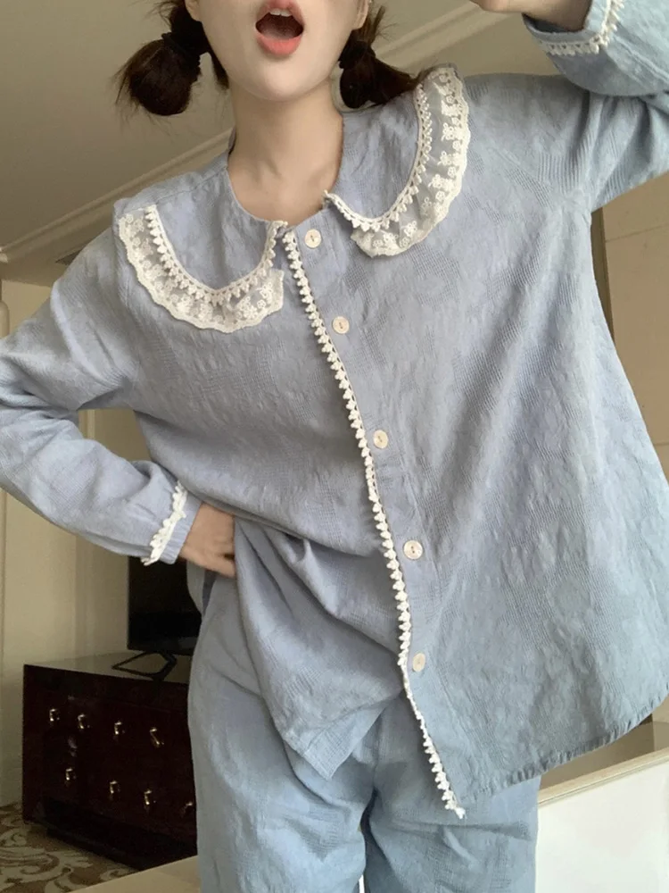 Lcae Embroidery Solid Simple Sweet Korean Style Cute Long Sleeve Pajama Set Women Vintage Girlish Loose Elegant Casual Sleep Top