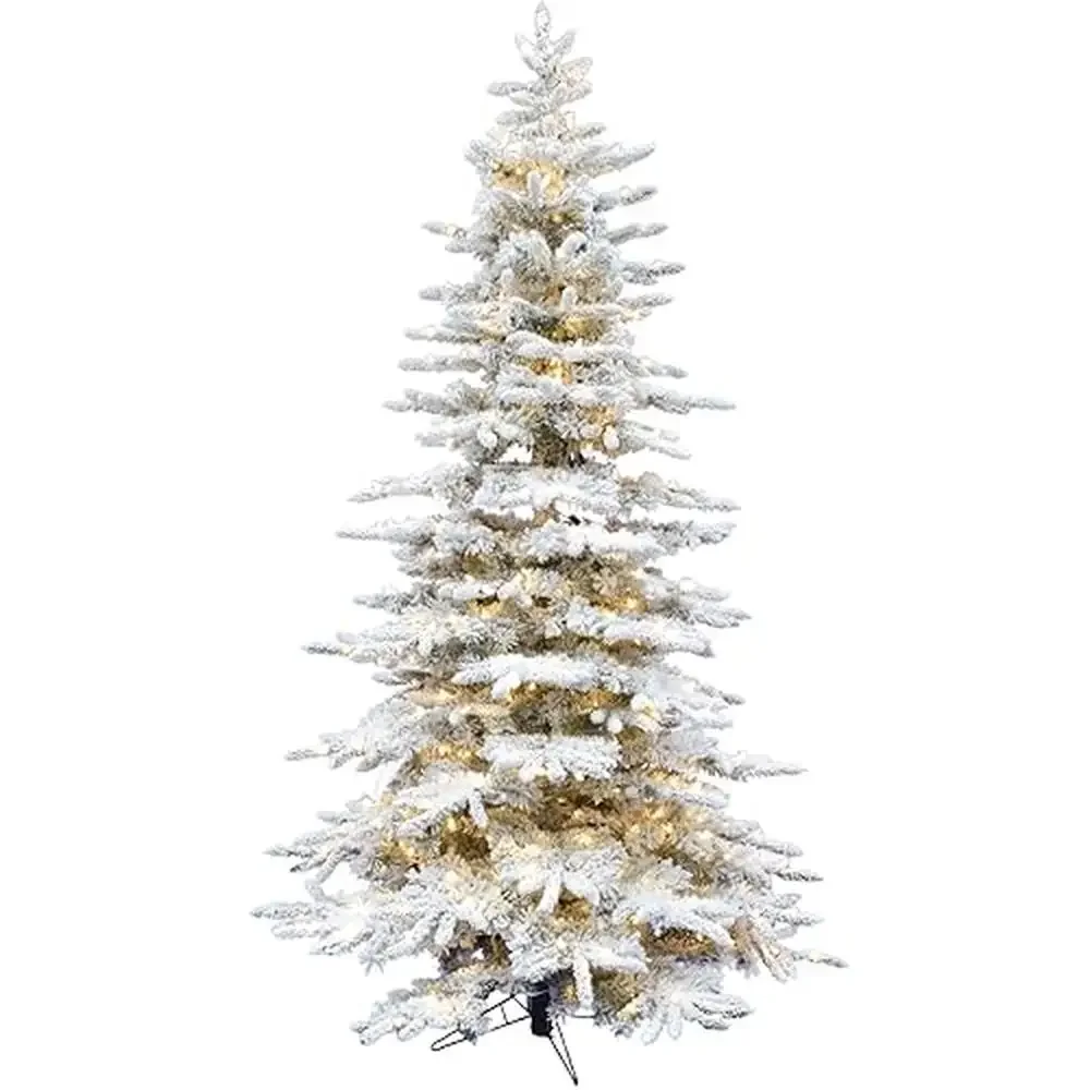 9ft Flocked Mountain Pine Christmas Tree Warm White LED Lights Prelit Fake Tree Stand 800 LED Lights