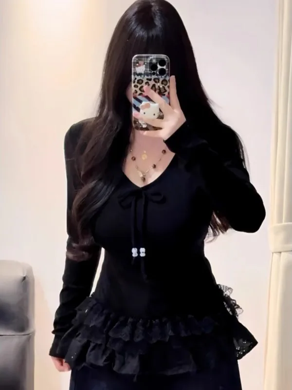 

Женская корейская футболка больших размеров с длинным рукавом, осенне-зимняя, приталенная, с завязками на талии, базовый топ