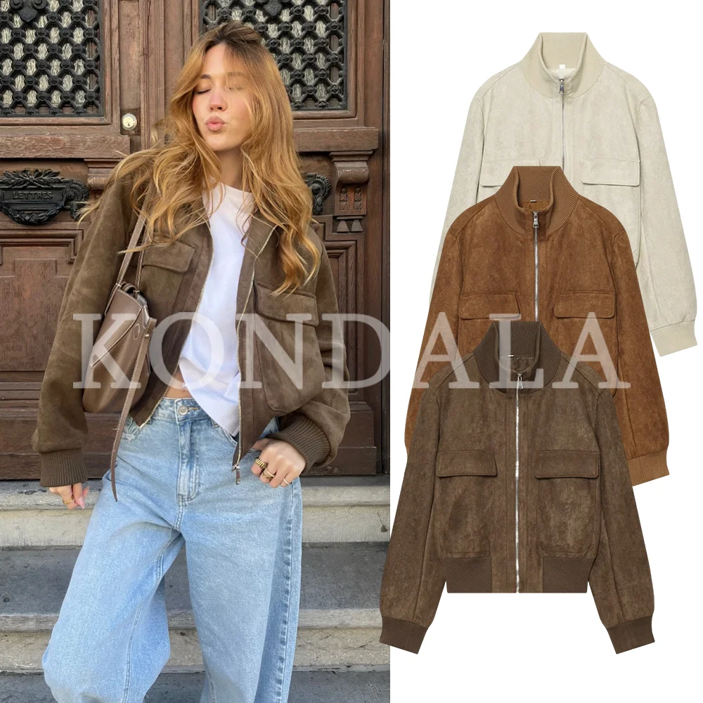 Damen Herbst Winter Casual Kunstwildleder-Jacke Street-Style Gerippter Stehkragen Warme Kurze Jacke Neu 2026 Trendige Retro Reißverschluss-Jacke – Detail 2