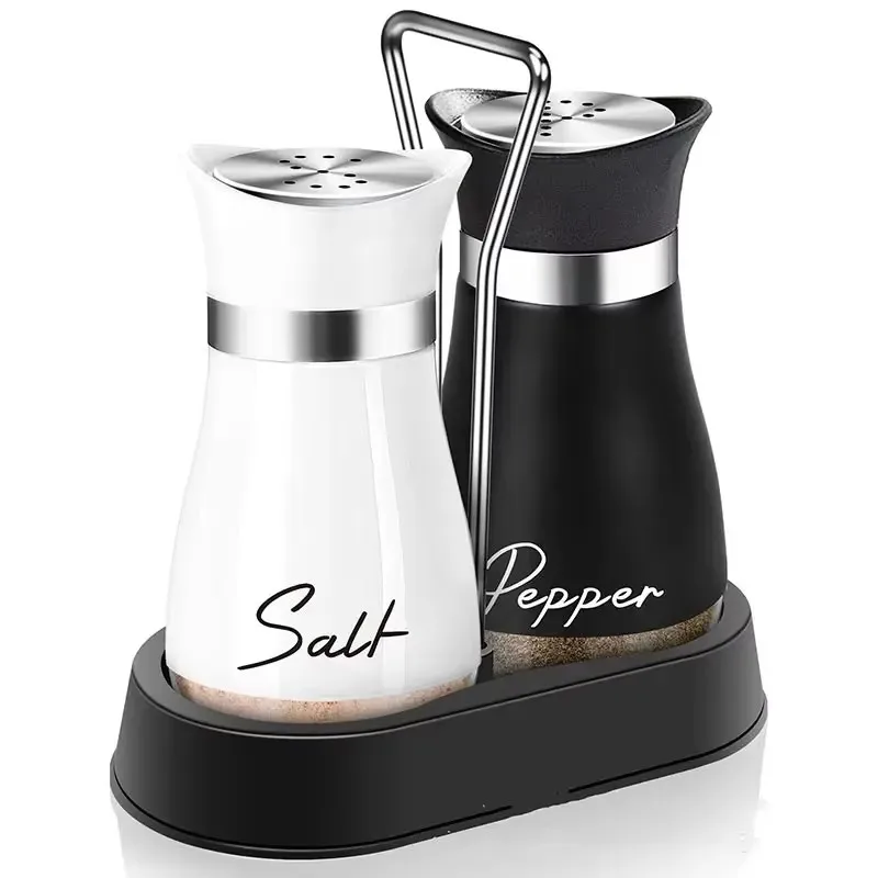 2pcs Set Kitchen Glass Spice Bottle Adjustable Refillable Salt and Pepper Shakers with Shelf Spice Dispenser With Pour Holes