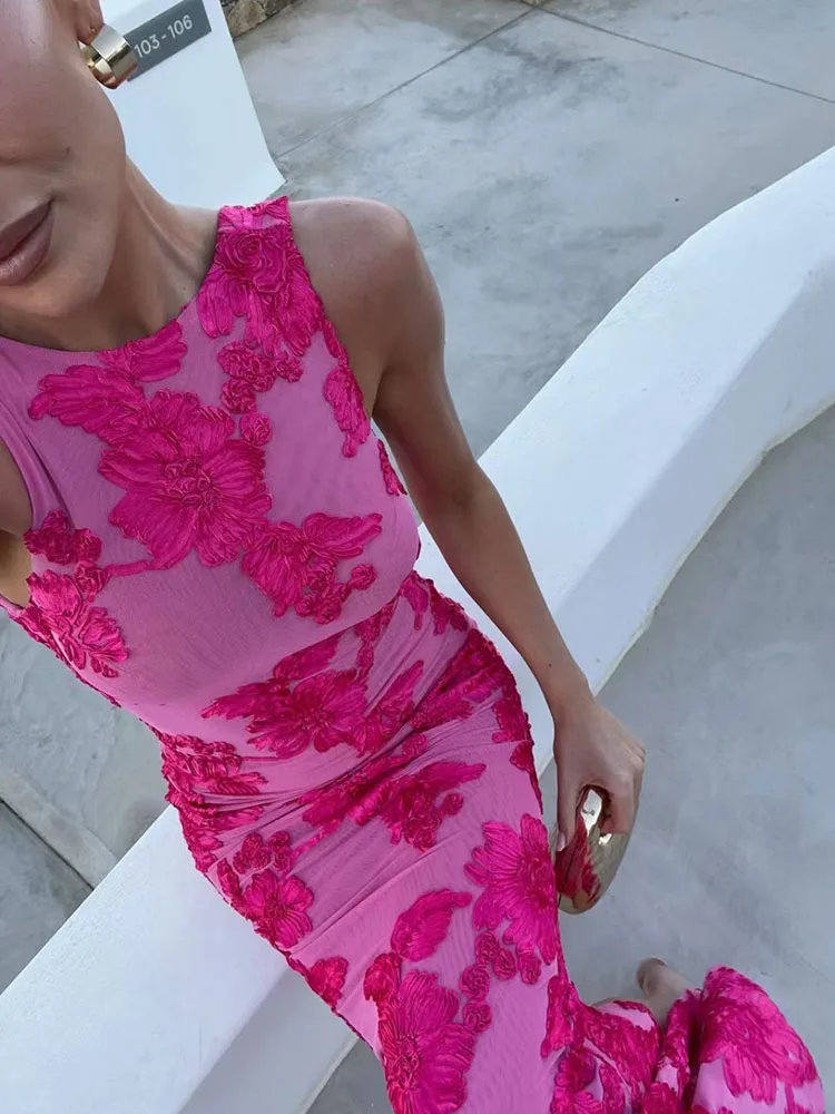 2026 여름 해변 휴가 롱 드레스 여성 우아하고 시크한 O넥 민소매 장미 메쉬 자수 바디콘 맥시 드레스