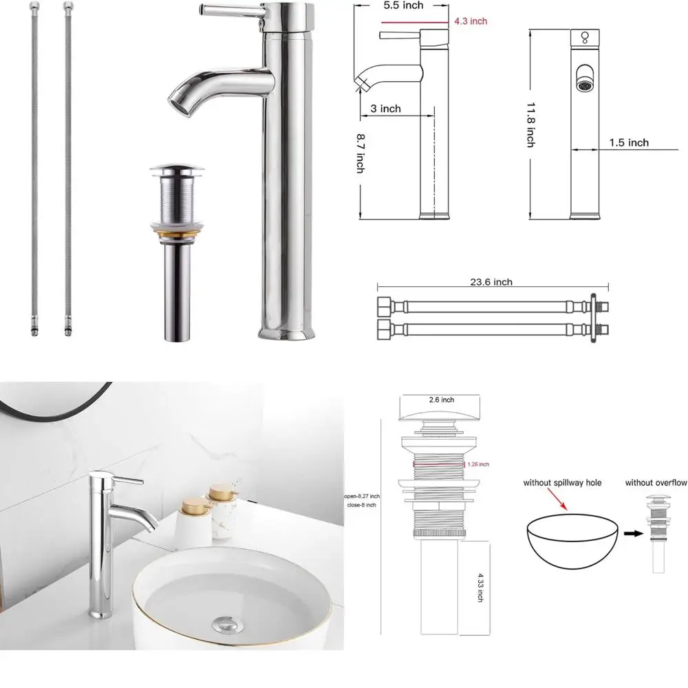 

Single Handle Tall Vessel Sink Faucet with Pop-Up Drain, No Overflow, Lavatory Vanity Bathroom Sink Fixture