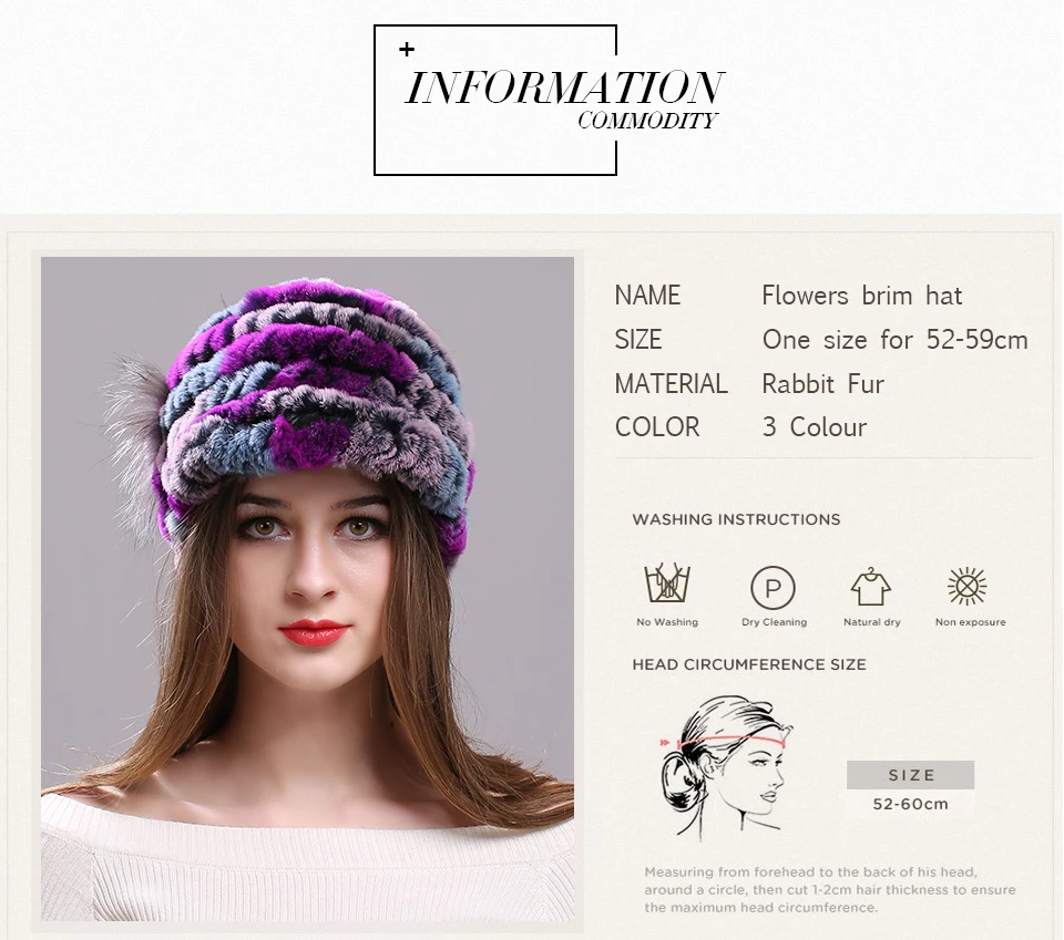 Winter Pelz Hüte für Frauen Rex Kaninchen Fell Elastische Gestrickte Hut mit Blume Pelz Hut Großhandel Baseball Kappe Weibliche Echtpelz Bonnets – Detail 2
