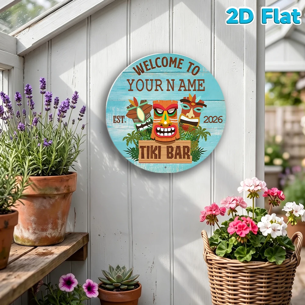 Custom Name & Year Tiki Bar Round Metal Sign Tiki Mask and Palm Decor Plaque for Backyard Patio Beach Wall Art view 5