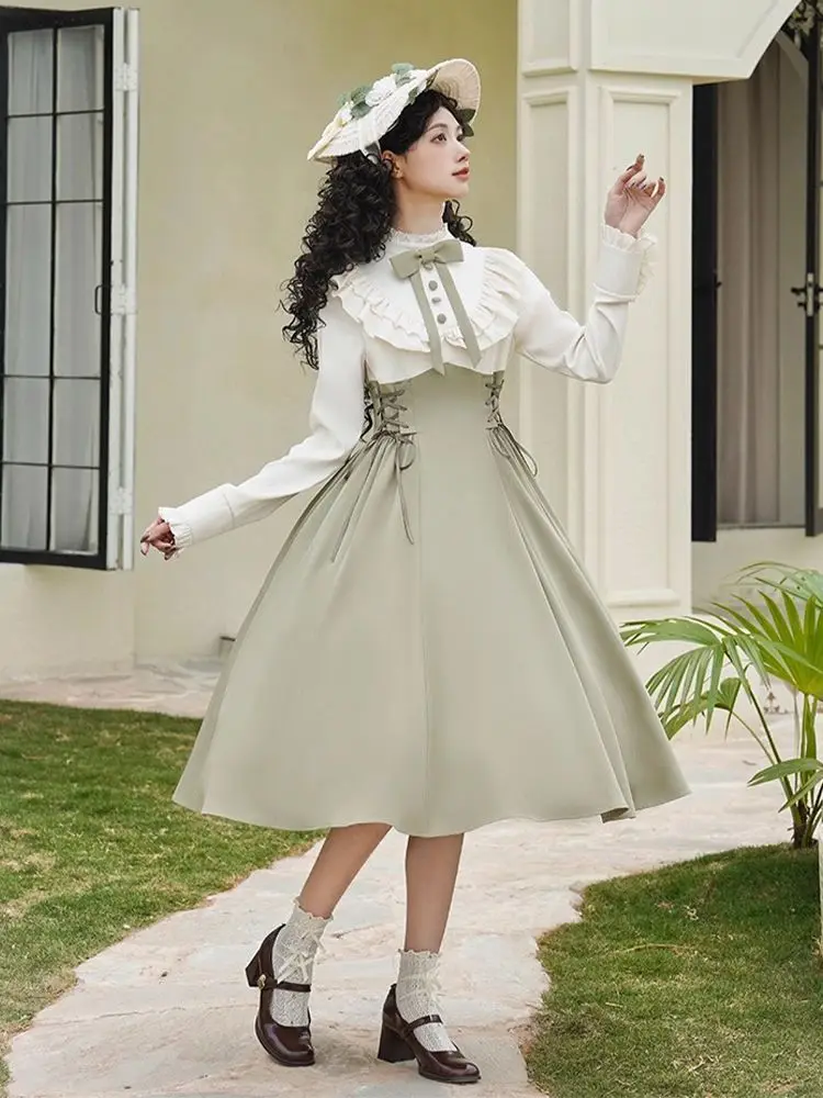 Autumn New Elegant Princess Cla Contrast Color Fake Two-piece Dress Vintage Lolita Temperament Slim Long Dress