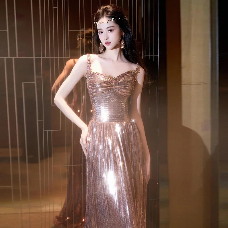 

Shiny Crystal Evening Dress Women Sexy Strap Sleeveless Glitter Floor-length Sexy Bling Celebrity Wedding Party Formal Gowns