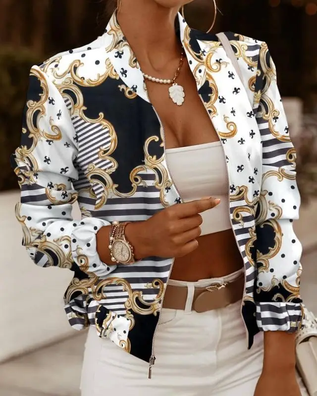 

Printed Bomber Biker Jackets Women's Spring Autumn Floral Casual Long Sleeve Pockets Streetwear Coat Female Zipper Slim Outwears