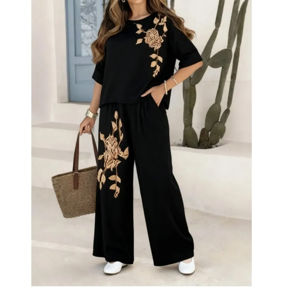 Fall Casua 7 Inch Sleeve Top Pants With Pockets Women's Set Fashion Retro Embroidered Elegant Female Wide Leg Pants 2 Piece Set