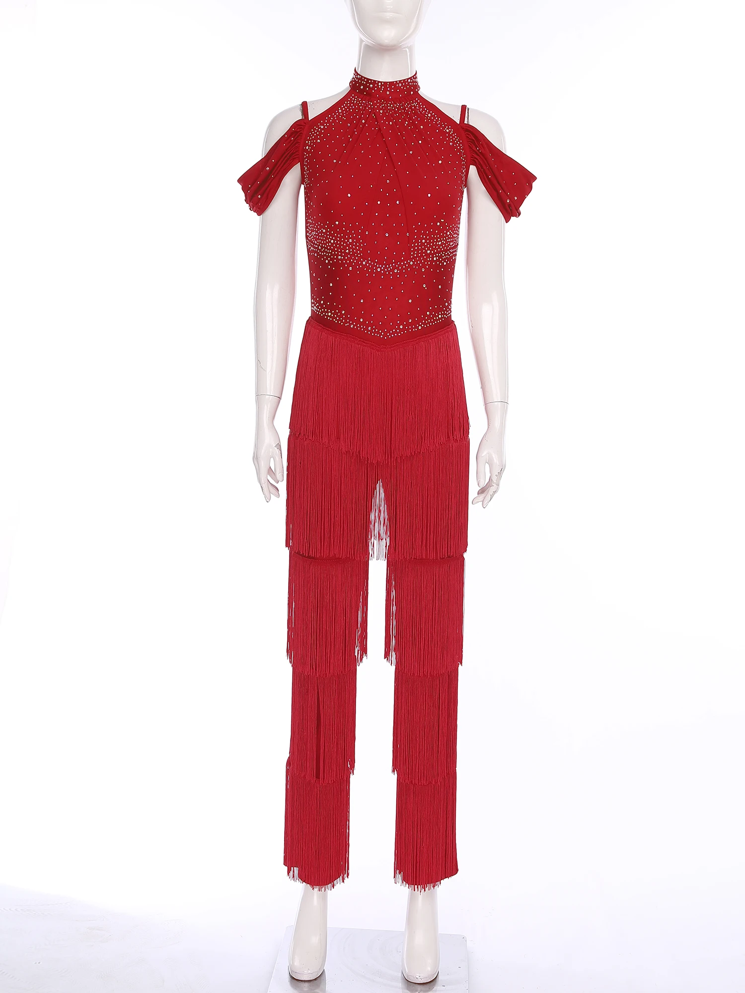 Pagliaccetti da ballo latino samba da donna con strass a strati nappa halter con spalle scoperte tuta intera per festa di ballo da sala rumba