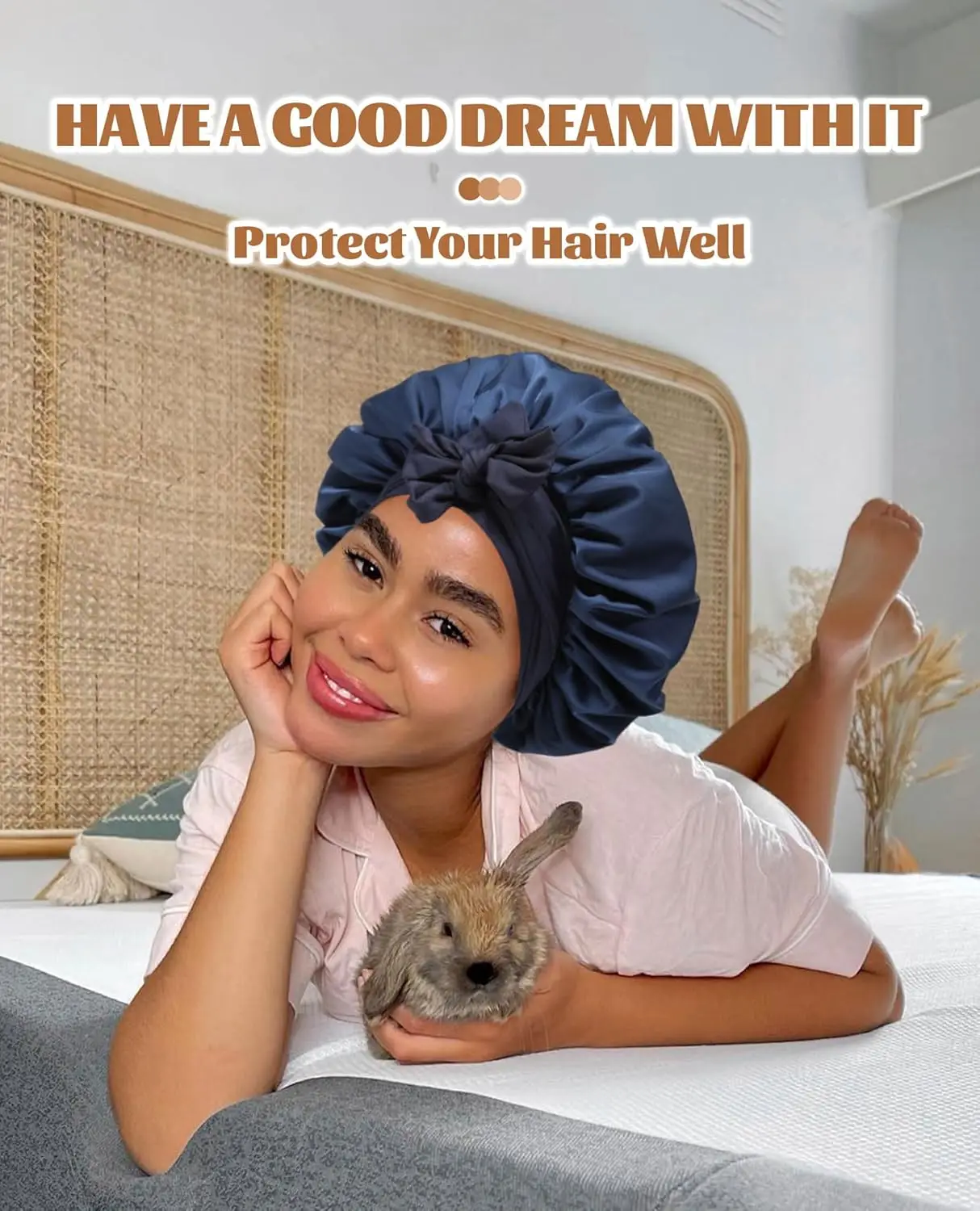 غطاء رأس طويل من الساتان من AWAYTR للنوم - غطاء حريري قابل للعكس بطبقة مزدوجة للشعر الطويل للنساء قبعة نوم مع شريط ربطة عنق #5