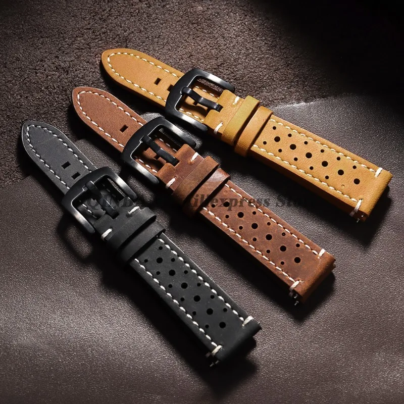 18mm 19mm 20mm 21mm 22mm 24mm 다공성 통기성 소 가죽 시계 밴드 가죽 스트랩 퀵 릴리스 스포츠 팔찌 남성 여성 손목 벨트