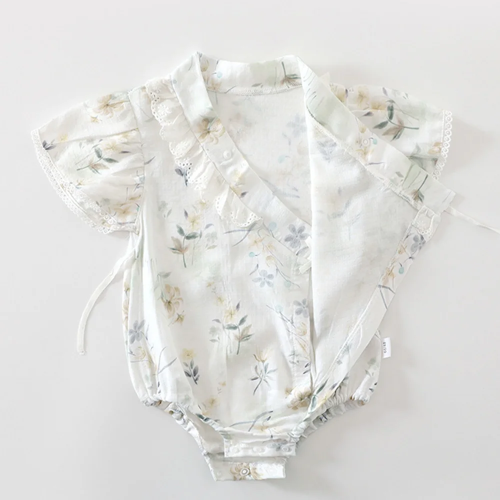 Baby Girl Bodysuits Summer Floral Ruffles Thin Princess First Birthday Baby Girl Clothes V-Neck Infant Romper Newborn Onesies