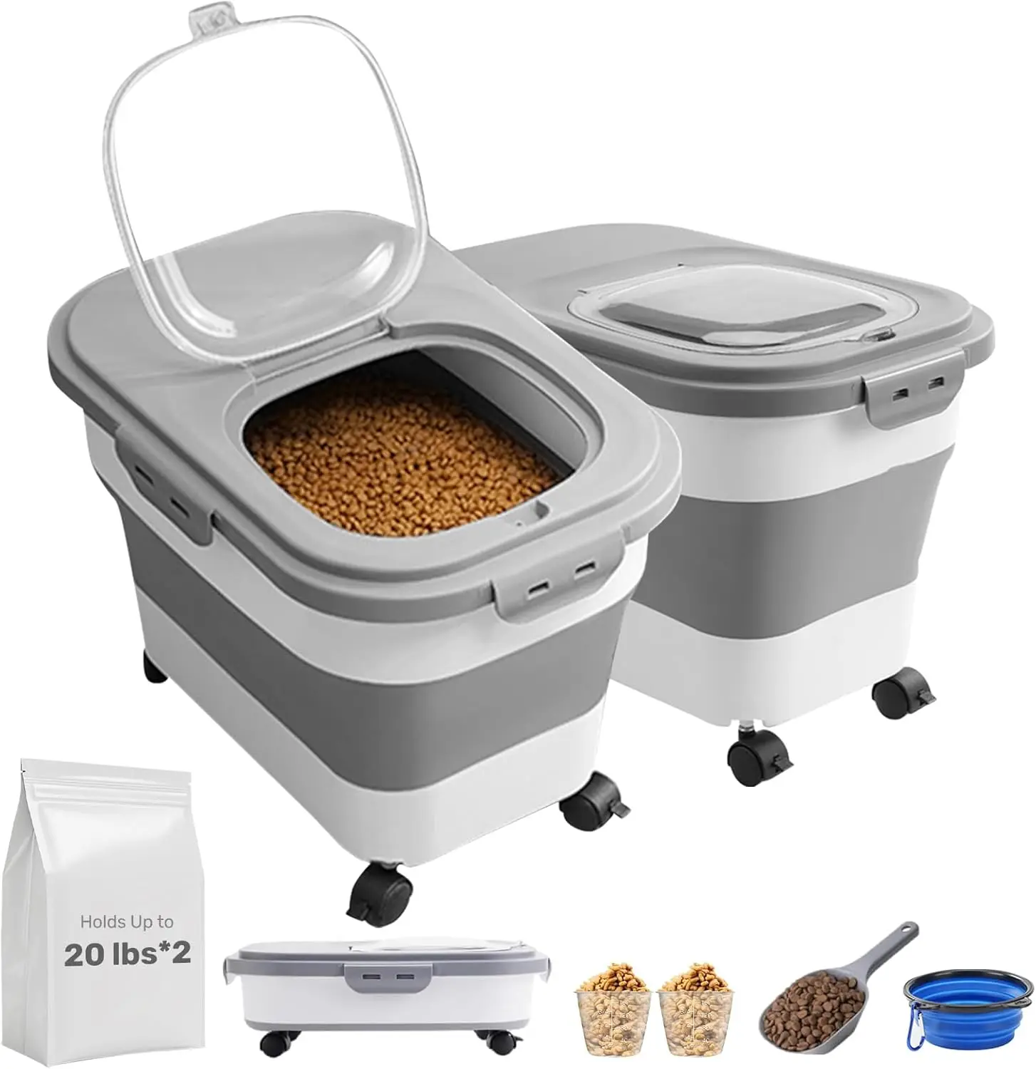 

Dog Food Storage Container 2pack*20LB,Collapsible Dog Food Container with Travel Silicone Bowl and Scoop for Dog/Cat/Bird Food/C