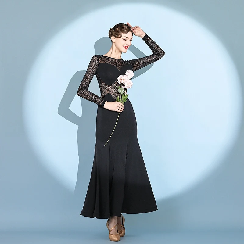 Professional National Standard Dance Clothes Women Dress Modern Ballroom Dance Costume Lady Black Lace Big Swing Dress DN21538