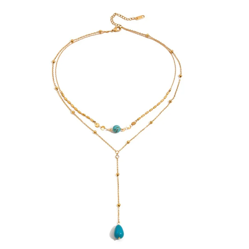 

Minar Simple Blue Rammel Beads Tassel Y Shaped Double Layered Necklaces for Women Stainless Steel 18K Gold PVD Plated Chokers