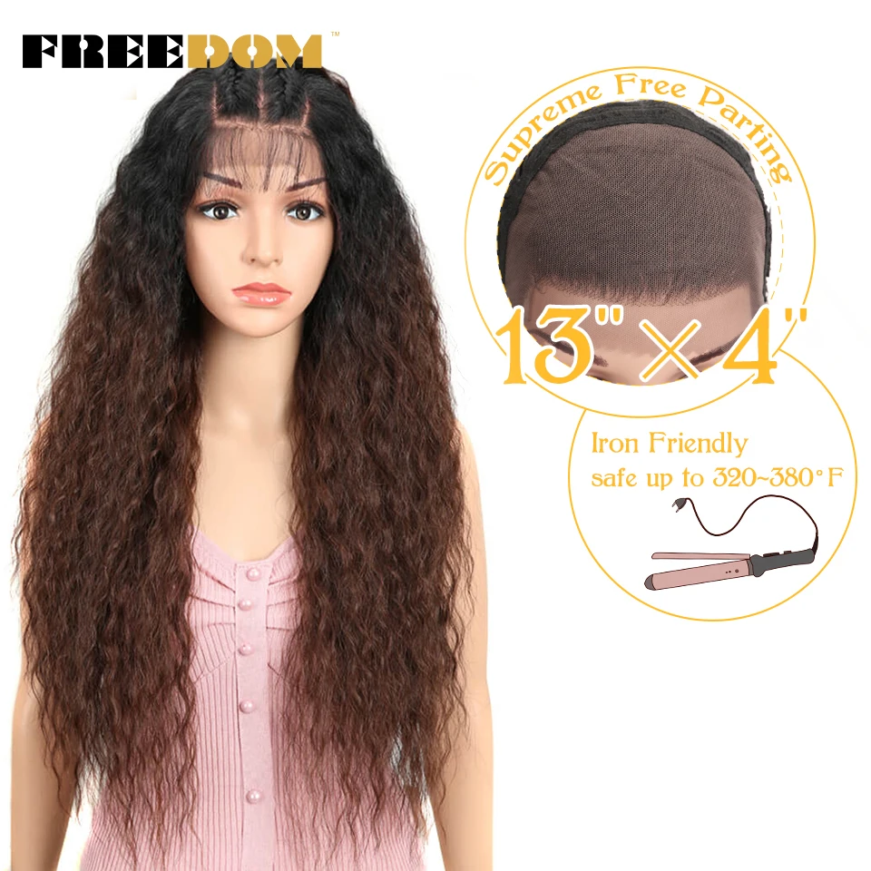 Wig Depan Renda Sintetis Kebebasan 13X4 Wig Coklat Ombre Panjang Keriting Keriting Keriting untuk Wanita Kulit Hitam Wig Cosplay Sintetis Tahan Panas