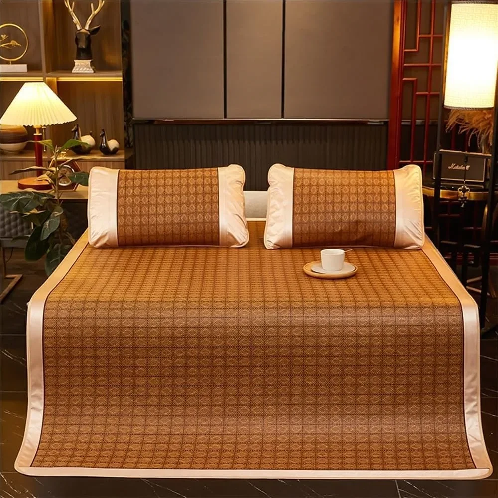 

Summer Three Piece Sleeping Mat and Pillowcase Set, Foldable Rattan Cooling Mattress, Breathable Bamboo Bed Pad for Home School
