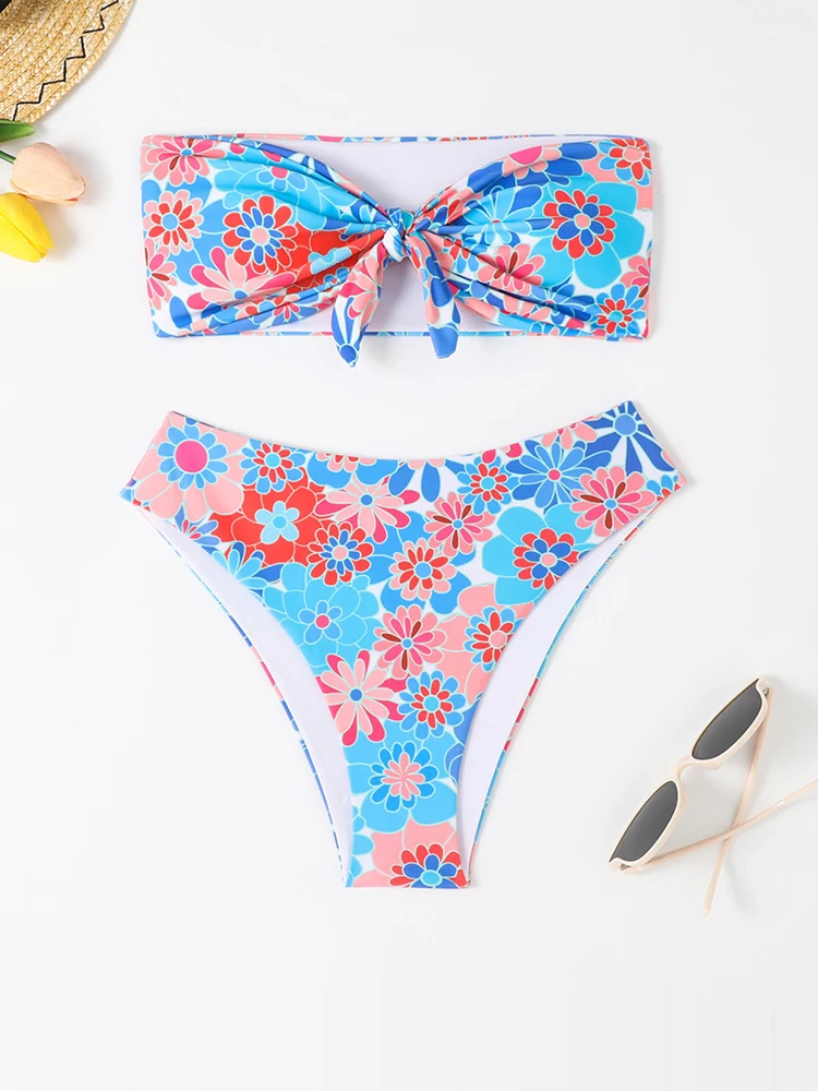 Split Two-piece Set Women's Bikinis Trend 2024 Fashion Printed Lace Up Bikinis Sets Sexy Lace Up Swimwear for Beach Bathing Suit