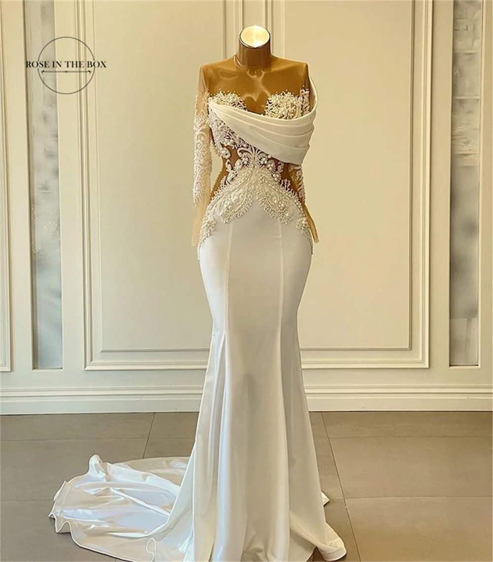 Vestido De Novia Mermaid White Wedding Dresses For Bride Long Sleeve Lace Applique Pearls Beaded Bridal Gowns Robe De Mariage